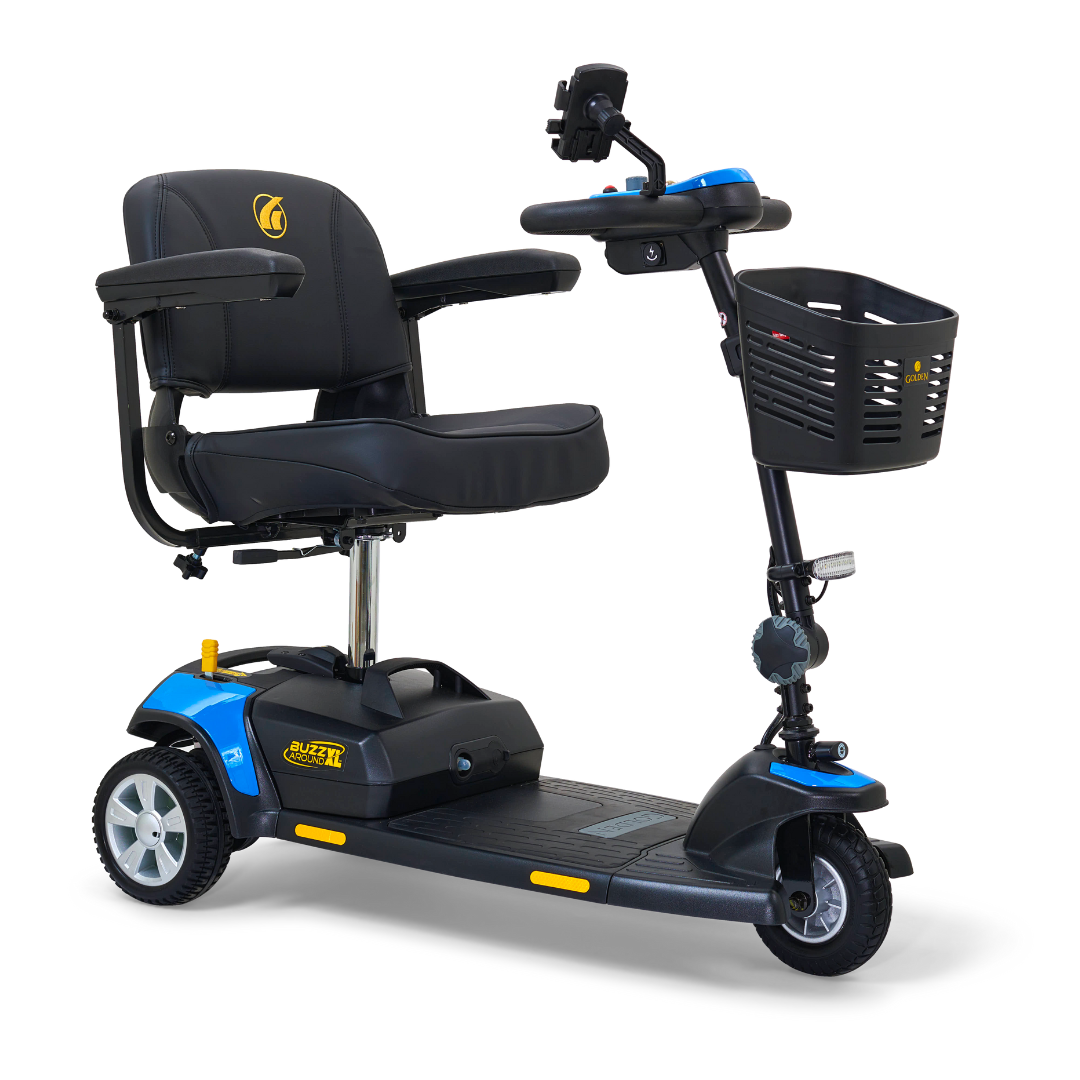 The Golden Tech GB121 Buzzaround XL 3-Wheel Portable Mobility Scooter in blue features a black cushioned seat with armrests, handlebars with controls, a front basket, and an extended range battery for longer rides. Its compact and functional, set against a white background.